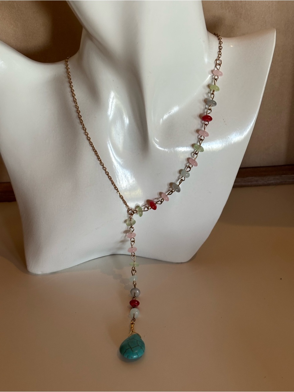 Turquoise Teardrop Y Necklace | Minimalist Boho Beaded Drop Necklace